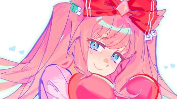 1girl agnes_digital_(umamusume) blue_eyes bow commentary emlynmoon english_commentary hair_bow heart highres holding holding_heart long_hair looking_at_viewer pink_hair pink_shirt portrait red_bow shirt solo tearing_up tears umamusume wavy_mouth white_background