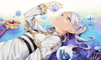 1girl absurdres belt blue_flower bubble capelet closed_mouth commentary_request deathcure0722 dress earrings elf flower frieren green_eyes hand_up head_wreath highres holding_bubble jewelry long_hair long_sleeves lying on_back parted_bangs pointy_ears signature sousou_no_frieren teardrop_earrings twintails upper_body white_capelet white_dress white_hair