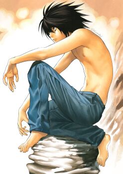 1boy absurdres arm_on_knee bags_under_eyes barefoot black_hair commentary death_note denim english_commentary feet from_side full_body highres jeans knee_up l_(death_note) male_focus navel nifast_(greentail) nipples pants pocket sitting skinny solo toenails toes twitter_username
