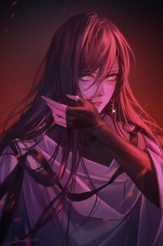 1girl absurdres black_hair blood blood_on_face chief_(path_to_nowhere) cloak diffraction_spikes earrings embers female_chief_(path_to_nowhere) fingerless_gloves gloves gradient_background grey_eyes hair_between_eyes heibai_bangbing highres jewelry looking_at_viewer messy_hair nosebleed parted_lips path_to_nowhere red_background signature solo upper_body white_cloak wiping_face