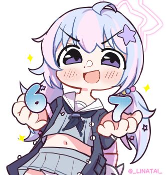 1girl 67_(meme) ahoge artist_name black_jacket black_neckerchief blue_archive blush cropped_shirt grey_serafuku grey_skirt hair_ornament halo hands_up highres jacket linatai long_hair long_sleeves meme multicolored_hair navel neckerchief open_clothes open_jacket open_mouth panties pantyshot pink_hair reisa_(blue_archive) sailor_collar school_uniform serafuku skirt star_(symbol) star_hair_ornament star_halo twintails twitter_username two-tone_hair underwear v-shaped_eyebrows white_panties