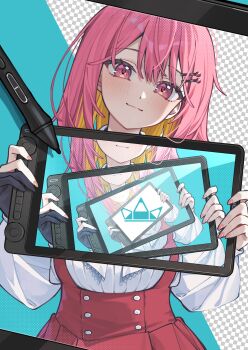 absurdres artist_self-insert black_gloves blush colored_inner_hair commentary drawing_tablet dress fake_transparency gloves hair_ornament hairclip highres holding holding_drawing_tablet huion long_sleeves multicolored_hair nail_polish orange_hair original partially_fingerless_gloves pinafore_dress pink_hair pink_nails red_eyes shirt sleeveless sleeveless_dress stylus tsukino_(nakajimaseiki) white_shirt