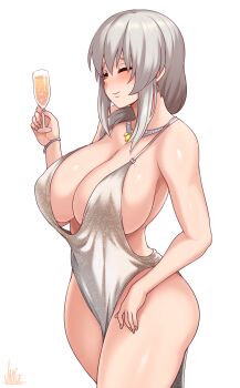 1girl absurdres azur_lane backless_dress backless_outfit bare_shoulders blush bracelet breasts champagne_flute cleavage closed_eyes cup dress drinking_glass evening_gown grey_dress hair_between_eyes hair_over_shoulder halter_dress halterneck highres holding holding_cup jewelry jmg large_breasts long_hair mature_female necklace plunging_neckline revealing_clothes sidelocks signature silver_dress silver_hair smile st._louis_(luxurious_wheels)_(azur_lane) thighs uzaki-chan_wa_asobitai! uzaki_tsuki white_background