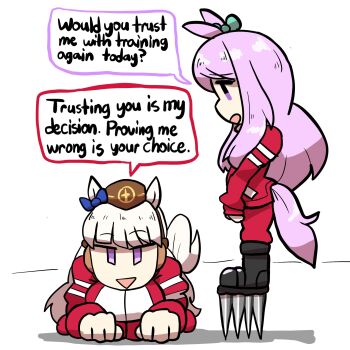 2girls all_fours animal_ears aqua_bow black_boots blue_bow blunt_bangs boots bow breasts brown_hat cleats commentary ear_bow ear_ribbon english_commentary english_text gold_ship_(umamusume) grey_hair hat highres horse_ears horse_girl horse_tail jacket long_hair long_sleeves looking_at_another mejiro_mcqueen_(umamusume) multiple_girls notnoe_(dxcl) open_mouth pants pillbox_hat purple_eyes purple_hair red_jacket red_pants red_track_suit smile speech_bubble spikes tail tracen_training_uniform track_jacket track_pants track_suit umamusume