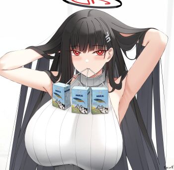 1girl absurdres armpits arms_up artist_name black_hair blue_archive blush breasts bright_pupils commentary drink_carton english_commentary hair_ornament hairclip halo hands_in_own_hair highres huge_breasts keenh looking_at_viewer milk_carton mouth_hold red_eyes rio_(blue_archive) simple_background sleeveless sleeveless_sweater solo sweater turtleneck turtleneck_sweater upper_body white_background white_pupils white_sweater