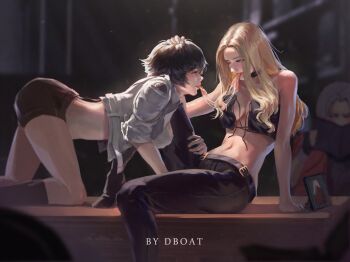 Rule 34 | 1boy, 2girls, all fours, artist name, bare shoulders, belt, black hair, blonde hair, blurry, blurry background, blush, breasts, cleavage, commentary, cropped jacket, dante (devil may cry), dark background, dboat, desk, devil may cry (series), devil may cry 5, eva (devil may cry), food, hand on another's head, highres, huge filesize, hugging another's leg, lady (devil may cry), large breasts, leather, leather pants, light rays, long hair, looking at another, medium breasts, multiple girls, pants, picture frame, pizza, purple eyes, reading, red eyes, shared food, short hair, short shorts, shorts, smile, trish (devil may cry), undone