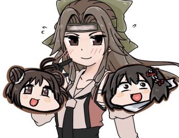 Rule 34 | black hair, black neckerchief, brown eyes, brown hair, buttons, cyama land, double-breasted, forehead protector, green headband, hair intakes, half updo, head only, headband, jintsuu (kancolle), jintsuu kai ni (kancolle), kantai collection, long hair, naka (kancolle), naka kai ni (kancolle), neckerchief, sailor collar, school uniform, sendai (kancolle), sendai kai ni (kancolle), serafuku, short hair, simple background, smile, solo focus, upper body, white background, white sailor collar