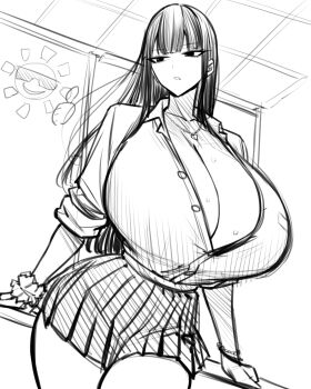 1girl absurdres bracelet breasts cleavage gigantic_breasts half-closed_eyes highres huge_breasts jewelry katsuragi_mika long_hair looking_to_the_side monochrome necklace open_mouth shirt sketch skirt solo standing straight_hair sweat tagme wolffeld_price