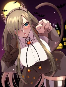 1girl animal_ears asymmetrical_legwear bat_(animal) blue_eyes blurry blurry_background blush bodysuit breasts brown_bodysuit brown_hair cat_ears cat_girl cat_tail collared_shirt commentary_request cowboy_shot full_body gloves halloween halloween_costume highres large_breasts leaning_forward long_hair looking_at_viewer night night_sky official_alternate_costume open_mouth paw_pose shirt signature single_glove single_thighhigh sky solo tail tales_of_(series) tales_of_the_abyss tear_grants thighhighs wakachi white_shirt