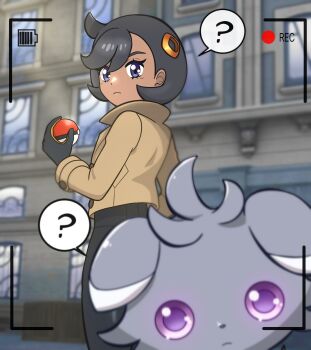 1girl ? black_bodysuit black_hair blurry blurry_background bodysuit bodysuit_under_clothes brown_jacket building camera closed_mouth commentary crate dark-skinned_female dark_skin emma_(pokemon) english_commentary espurr eyelashes gen_6_pokemon hair_ornament highres holding holding_poke_ball jacket long_sleeves looking_back muis0802 nintendo poke_ball poke_ball_(basic) pokemon pokemon_(creature) pokemon_legends:_z-a purple_eyes recording short_hair speech_bubble spoken_question_mark standing viewfinder window