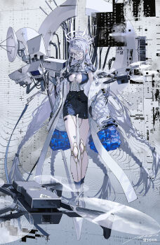 1girl absurdres android ankle_boots arms_at_sides barcode between_breasts blue_socks boots braid braided_bangs breasts buckle cable camera character_request chunithm closed_mouth corset cross-laced_clothes drone frilled_sleeves frills full_body glasses grey_background grey_boots grey_eyes grey_hair headgear headset highres jacket joints layered_clothes layered_sleeves lipstick long_hair long_sleeves looking_at_viewer low-braided_long_hair low-tied_long_hair machine makeup medium_breasts multiple_braids off_shoulder open_clothes open_jacket platform_boots platform_footwear robot_joints rolua round_eyewear satellite_dish sega sleeves_past_fingers sleeves_past_wrists smile snap-fit_buckle socks solo standing very_long_hair white_jacket