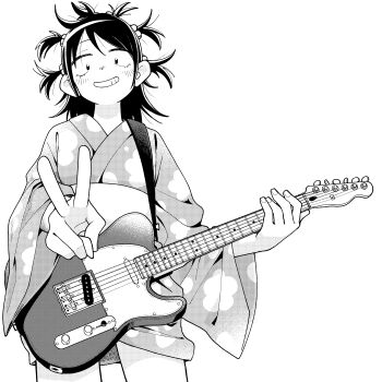 1girl absurdres alternate_hairstyle blush commentary_request cowboy_shot electric_guitar fender_telecaster futsuu_no_keion-bu greyscale grin guitar guitar_strap hair_bobbles hair_ornament hatono_chihiro highres holding holding_guitar holding_instrument instrument japanese_clothes kimono long_hair looking_at_viewer mangakashibou monochrome obi sash screentones simple_background small_pupils smile solo two_side_up v white_background