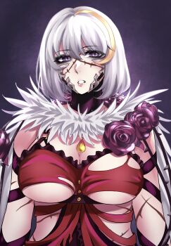 1girl bare_shoulders blonde_streaks breasts cleavage code_vein commentary cross_scar dress english_commentary eva_roux flower highres large_breasts looking_at_viewer multicolored_hair purple_eyes purple_flower purple_rose red_dress rose scar scar_on_arm scar_on_face short_hair solo streaked_hair torn_clothes torn_dress tylergreen upper_body whip_marks white_hair