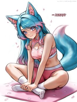 1girl absurdres alternate_costume animal_ear_fluff animal_ears blue_eyes blue_hair blush breasts closed_mouth commentary english_commentary highres indie_virtual_youtuber long_hair looking_at_viewer medium_breasts pink_hair pink_shirt pink_shorts shirt shorts silvervale smile socks solo tail virtual_youtuber viviria white_socks wolf_ears wolf_girl wolf_tail