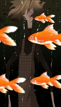 absurdres fish flipped_hair highres leedottoo plaid_clothes plaid_sweater plaid_sweater_vest pond purple_sweater sweater sweater_vest turtleneck underwater unusually_open_eyes urotsuki what yume_2kki