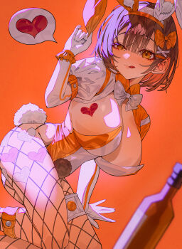 1girl :q animal_ears blue_hair bottle breasts commentary commission fake_animal_ears fishnet_pantyhose fishnets gloves heart highres indol kneeling large_breasts looking_at_viewer orange_background orange_eyes original pantyhose pixiv_commission playboy_bunny rabbit_ears short_hair solo spoken_heart symbol-only_commentary thighs tongue tongue_out white_gloves