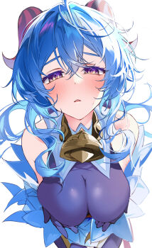 Rule 34 | 1girl, ahoge, bare shoulders, bell, black gloves, blue hair, blush, bodystocking, breast hold, breasts, detached sleeves, dress, ganyu (genshin impact), genshin impact, gloves, highres, hirai yuzuki, horns, large breasts, long hair, looking at viewer, pantyhose, parted lips, purple eyes, sidelocks, solo, thighs, white dress