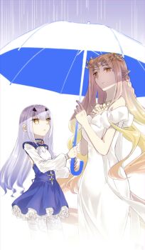 2girls aurora_(fate) bare_shoulders blonde_hair blue_dress breasts circlet cleavage commentary_request dress fate/grand_order fate_(series) forked_eyebrows highres jewelry long_hair long_sleeves melusine_(fate) melusine_(second_ascension)_(fate) multiple_girls necklace off_shoulder parted_bangs pointy_ears rain sidelocks small_breasts thighhighs umbrella white_dress white_hair white_thighhighs yellow_eyes yubeshi_(zecxl)