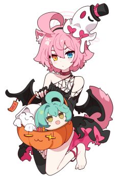 1girl ahoge animal_ear_fluff animal_ears anklet bare_shoulders black_dress blue_archive blue_eyes character_doll closed_mouth collar dog_ears dog_tail doll doodle_sensei_(blue_archive) dress elbow_gloves fingerless_gloves ghost_hair_ornament gloves hairband halloween halloween_bucket halo heterochromia highres hoshino_(blue_archive) ideolo jewelry kemonomimi_mode light_blush sensei_(blue_archive) simple_background single_bare_foot sleeveless sleeveless_dress solo tail toes white_background wings yellow_eyes yume_(blue_archive)