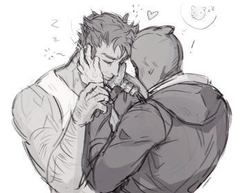 2boys animification bare_shoulders bodysuit closed_eyes closed_mouth commentary deadpool deadpool_&amp;_wolverine deadpool_(series) facial_hair greyscale hands_on_another&#039;s_face hands_up heart highres holding_another&#039;s_wrist hood hoodie long_sleeves male_focus malin_linnn marvel marvel monochrome multiple_boys muscular muscular_male scar short_hair simple_background speech_bubble superhero_costume symbol-only_commentary tank_top thought_bubble upper_body wolverine_(x-men) yaoi zzz
