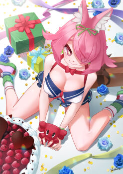 Rule 34 | + +, 1girl, absurdres, animal ears, azuchi momo, azuchi momo (1st costume), birthday, blue flower, blue rose, box, breasts, cake, chest harness, cleavage, commentary request, flower, food, from above, gift, gift box, green ribbon, hair flaps, hair over one eye, hair ribbon, harness, highres, large breasts, lobster, long bangs, miniskirt, nijisanji, pink eyes, pink hair, pink shoes, revealing clothes, ribbon, rose, shoes, short hair, sitting, skirt, smile, socks, solo, stuffed animal, stuffed toy, virtual youtuber, wariza, yurakusai