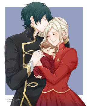 1boy 1girl 1other absurdres artist_name baby black_shirt blue_background border brown_hair carrying carrying_baby carrying_person closed_eyes commentary couple dress edelgard_von_hresvelg edelgard_von_hresvelg_(timeskip) english_commentary father_and_child fire_emblem fire_emblem:_three_houses hand_on_another's_head happy hetero highres husband_and_wife if_they_mated kissing_head long_sleeves male_byleth_(awakened)_(fire_emblem) male_byleth_(enlightened_one)_(fire_emblem) male_byleth_(fire_emblem) mother_and_child nintendo outside_border puffy_long_sleeves puffy_sleeves red_dress shirt side_ponytail sierra117renner simple_background sleeping standing twitter_username watermark white_border white_hair