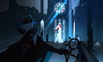 1boy 1girl animated animated_gif arknights black_gloves black_jacket blue_headwear blurry blurry_foreground commentary_request depth_of_field dress elbow_gloves floating_hair gloves grey_hair grey_headwear hat jacket long_hair losia low_ponytail ponytail red_dress skadi_(arknights) skadi_the_corrupting_heart_(arknights) stained_glass striped_clothes striped_headwear sword ulpianus_(arknights) very_long_hair weapon weapon_on_back