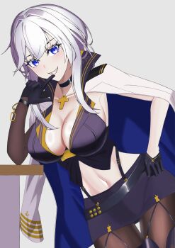 1girl absurdres azur_lane black_choker black_gloves black_skirt blue_eyes breasts brown_pantyhose choker cleavage commentary_request cross cross_necklace dutch_angle elbow_rest gloves half_gloves hayabusa88 highres jacket jacket_on_shoulders jewelry large_breasts leaning_to_the_side medium_hair midriff miniskirt mole mole_on_breast necklace open_clothes open_jacket pantyhose simple_background skirt smile solo washington_(azur_lane) white_background white_hair white_jacket