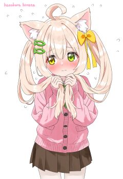 1girl ahoge animal_ear_fluff animal_ears artist_name blush bow brown_skirt cardigan cat_ears closed_mouth commentary_request fish_hair_ornament green_eyes hair_bow hair_ornament hazakura_hinata heterochromia highres kurumi_(hazakura_hinata) long_hair long_sleeves original pleated_skirt simple_background skirt solo twintails white_background yellow_bow yellow_eyes