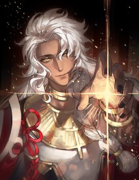 1boy absurdres black_nails body_markings braid chinese_commentary commentary_request dark-skinned_male dark_skin fate/grand_order fate_(series) hair_between_eyes highres jewelry long_hair looking_at_viewer male_focus neck_ring shirt smile solo solomon_(fate) upper_body weimingweiran white_hair yellow_eyes