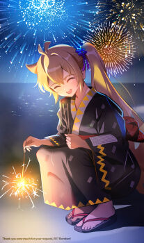 Rule 34 | akita neru, antenna hair, beach, black kimono, blackminolith (2ne), blonde hair, commentary, english commentary, english text, fireworks, highres, holding, holding fireworks, japanese clothes, kimono, long hair, obi, ocean, sandals, sash, side ponytail, smile, sparkler, squatting, star (sky), vocaloid, yellow eyes