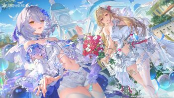 Rule 34 | 2girls, absurdres, acacia (snowbreak), blonde hair, bouquet, breasts, clothing cutout, commentary, dress, elbow gloves, english commentary, flower, gloves, grey hair, highres, holding, holding bouquet, large breasts, long hair, looking at viewer, marian andreotti, multiple girls, navel, official art, outdoors, purple eyes, short hair, single elbow glove, single thighhigh, snowbreak: containment zone, standing, thighhighs, wedding dress, white gloves, white thighhighs