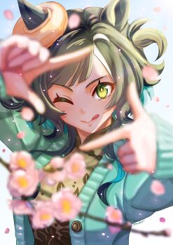 1girl animal_ears aqua_cardigan beret breasts brown_shirt cardigan closed_mouth commentary_request ears_through_headwear flower green_eyes green_hair hair_between_eyes hat highres horse_ears horse_girl kiseki_(umamusume) long_sleeves looking_at_viewer multicolored_hair one_eye_closed otono_(bkt4b) petals print_shirt shirt short_hair smile solo streaked_hair tongue tongue_out umamusume upper_body white_streaks yellow_hat