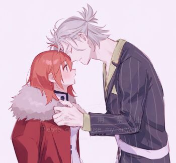 Rule 34 | 1boy, 1girl, ahoge, dress, fate/grand order, fate (series), fomnant, formal clothes, fujimaru ritsuka (female), fujimaru ritsuka (female) (decisive battle chaldea uniform), grey hair, half updo, highres, imminent kiss, jacket, long sleeves, medium hair, orange eyes, orange hair, pinstripe jacket, pinstripe pattern, pinstripe suit, shirt, short hair, suit, takeda shingen (fate), takeda shingen (first ascension) (fate), white dress