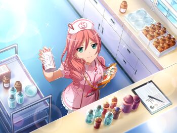 1girl bottle cabinet clipboard drawer dress from_above game_cg green_eyes hair_over_shoulder hat holding holding_bottle holding_clipboard lanyard long_hair looking_at_viewer nude nurse_cap official_art pen pink_dress pink_hair short_sleeves shoujo_kageki_revue_starlight shoujo_kageki_revue_starlight_-re_live- solo standing tsuruhime_yachiyo upper_body white_hat