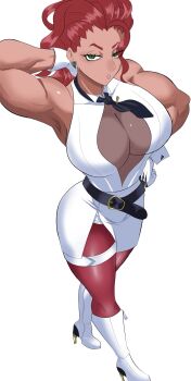 1girl abs arm_behind_head armpits belt biceps black_belt black_necktie boots breasts center_opening cleavage cleavage_cutout clothing_cutout commentary_request crimson_viper dark-skinned_female dark_skin dress earrings from_above full_body gloves green_eyes hair_pulled_back hair_slicked_back hand_on_own_hip high_heel_boots high_heels highres jewelry knee_boots large_breasts lipstick long_hair looking_at_viewer makeup muscular muscular_female nasu_(ilo_a5) necktie pantyhose parted_lips pink_pantyhose plunging_neckline red_hair shoes short_necktie simple_background sleeveless sleeveless_dress solo standing street_fighter street_fighter_6 thick_thighs thigh_strap thighs white_background white_dress white_gloves