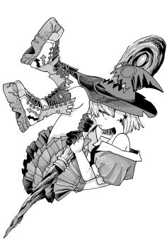 1girl absurdres bare_shoulders boots check_copyright copyright_request cropped_jacket curled_up ear_piercing eyewear_on_headwear finger_cots from_side full_body gavucchi greyscale hat hatching_(texture) highres holding holding_staff lace-up_boots layered_skirt linear_hatching looking_ahead mage_staff midriff monochrome off-shoulder_jacket off_shoulder open_mouth original piercing platform_boots pleated_skirt profile puffy_short_sleeves puffy_sleeves short_hair short_sleeves simple_background skirt solo staff white_background wide_brim witch_hat