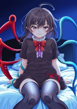 1girl absurdres asymmetrical_wings bed black_dress black_thighhighs blue_wings blush bow bowtie breasts brown_hair center_frills commentary_request dress frills highres houjuu_nue long_hair looking_at_viewer medium_breasts on_bed pillow pointy_ears red_bow red_bowtie red_eyes red_wings reimei_(r758120518) short_sleeves sitting smile snake solo thighhighs touhou wings