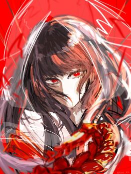 1girl black_hair bridal_veil closed_mouth highres hood japanese_clothes kimono krni_016 limbus_company long_hair looking_at_viewer project_moon red_background red_eyes ryoshu_(project_moon) see-through_clothes shiromuku simple_background solo uchikake veil wataboushi white_kimono