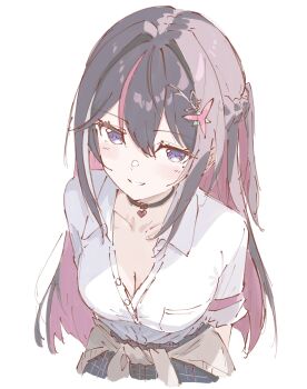 1girl azki_(hololive) black_choker black_hair black_skirt blush braid breasts cardigan cardigan_around_waist choker cleavage clothes_around_waist colored_inner_hair commentary cropped_torso daimyojin_t double-parted_bangs from_above grin gyaru hair_between_eyes hair_intakes half_up_half_down_braid heart heart_choker heart_pendant highres hololive leaning_forward long_hair looking_at_viewer mole mole_under_eye multicolored_hair official_alternate_costume partially_unbuttoned pink_hair pink_streaks plaid_clothes plaid_skirt ponytail purple_eyes school_uniform short_ponytail sidelocks simple_background skirt sleeves_rolled_up smile solo streaked_hair very_long_hair virtual_youtuber white_background white_skirt white_streaks