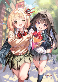2girls :d bag berry black_hair black_socks blonde_hair blue_vest blurry blurry_background bow bowtie cardigan collared_shirt commentary_request crepe day film_grain food fruit furrowed_brow green_bow green_bowtie green_skirt grey_bag grey_skirt gun hair_ribbon hands_up highres holding holding_another's_arm holding_crepe holding_food index_finger_raised inoue_takina kink_(tortoiseshell) kneehighs long_hair long_sleeves looking_at_viewer lycoris_recoil miniskirt multiple_girls nishikigi_chisato one_eye_closed open_mouth orange_eyes outdoors plaid_clothes plaid_skirt pleated_skirt purple_eyes red_bow red_bowtie red_ribbon ribbon school_uniform shirt short_hair shoulder_bag skirt smile socks sparkle standing standing_on_one_leg straight_hair strawberry strawberry_slice teeth twitter_username upper_teeth_only vest walking weapon white_shirt yellow_cardigan