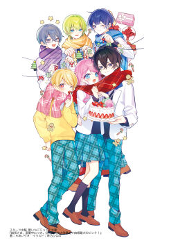 1girl 5boys absurdres black-framed_eyewear black_hair black_socks black_sweater blazer blonde_hair blue_eyes blue_hair blue_necktie blue_pants blue_scarf blue_skirt blue_sweater bow box brown_shoes brown_sweater bunting cake chano_hinano commentary_request copyright_request food fringe_trim fruit gift gift_box glasses green_hair grey_eyes grey_hair hair_between_eyes highres jacket loafers long_sleeves merry_christmas multiple_boys necktie official_art pants pink_hair pink_scarf plaid_clothes plaid_pants plaid_skirt pleated_skirt puffy_long_sleeves puffy_sleeves purple_eyes purple_scarf red_eyes red_scarf scarf scarf_bow school_uniform semi-rimless_eyewear shared_clothes shared_scarf shirt shoes simple_background skirt socks star_(symbol) strawberry sweater under-rim_eyewear white_background white_jacket white_shirt yellow_scarf