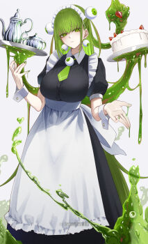 1girl apron black_dress breasts cake coffee_pot dress eyeball_earrings eyeball_hair_ornament feet_out_of_frame food fruit green_eyes green_hair green_necktie highres holding holding_tray ironatsuki large_breasts liquid_hair long_hair looking_at_viewer maid maid_headdress necktie original parted_lips prehensile_hair short_sleeves simple_background slime_hair standing strawberry tray very_long_hair waist_apron white_apron white_background wrist_cuffs