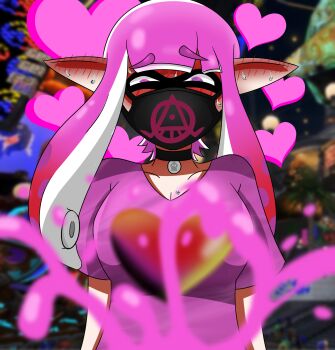 1girl absurdres artist_request bad_id bad_twitter_id blush breasts cleavage collar ear_blush face_mask highres inkling inkling_girl inkling_player_character mask medium_breasts nintendo pointy_ears solo splatoon_(series) splatoon_3 squid tagme tentacle_hair