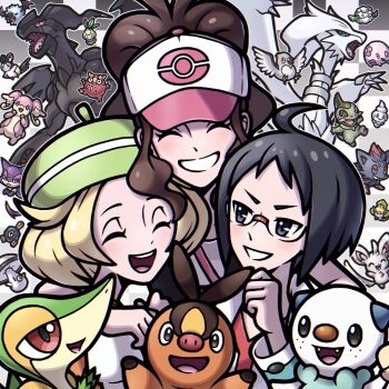 1boy 2girls ahoge animal_ears audino axew baseball_cap bianca_(pokemon) black_hair blonde_hair brown_hair cat_tail checkered_background cheren_(pokemon) closed_eyes cottonee darumaka dragon emolga fangs foongus fox_ears gen_5_pokemon glasses green_headwear hat highres hilda_(pokemon) legendary_pokemon mimimicabip minccino multiple_girls munna nintendo open_mouth oshawott petilil pidove pokemon pokemon_(creature) pokemon_bw purrloin reshiram roggenrola sewaddle smile snivy tail tepig upper_body v-shaped_eyebrows vanillite wings woobat zekrom zorua