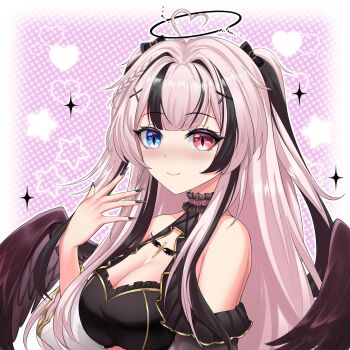 Rule 34 | 1girl, absurdres, ahoge, angrycomputer studio, bare shoulders, black collar, black hair, black halo, black nails, black sparkles, blue eyes, breasts, cleavage, cleavage cutout, close-up, clothing cutout, collar, collared halterneck, cross, feathered wings, fingernails, frills, gold cross, halo, halterneck, hand up, heart, heart ahoge, heterochromia, highres, large breasts, long fingernails, long hair, multicolored hair, nail polish, original, pink background, pink hair, red eyes, sidelocks, smile, solo, sparkle, wings