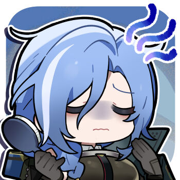 Rule 34 | 1girl, artist request, black gloves, blue hair, braid, braided ponytail, chibi, chibi only, closed eyes, dp-12 (girls' frontline), girls' frontline, girls' frontline 2: exilium, gloves, helen (girls' frontline 2), highres, holding, holding brush, official art, second-party source, solo, wavy mouth