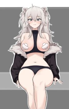 1girl absurdres animal_ears bandaid bandaids_on_nipples black_jacket black_panties blush breasts clothes_between_exposed_breasts commentary crossed_bandaids fur-trimmed_jacket fur_trim grey_eyes grey_hair highres hololive jacket jacket_partially_removed kimbak_(kyh9964) large_breasts lion_ears lion_girl lion_tail long_hair looking_at_viewer navel panties pasties shishiro_botan sitting solo sweat tail two_side_up underwear virtual_youtuber