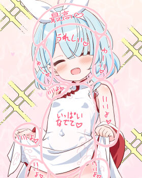 1girl akisawayusi alternate_costume arona_(blue_archive) blue_archive blue_hair blush bow breasts china_dress chinese_clothes closed_eyes clothes_lift colored_inner_hair commentary covered_erect_nipples covered_navel detached_sleeves dress dress_lift hair_bow highres lifting_own_clothes loli medium_hair meme multicolored_hair no_panties open_mouth partially_translated pink_hair small_breasts smile solo swept_bangs touch_map_(meme) translation_request two-tone_hair white_bow white_dress wide_sleeves
