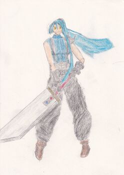Rule 34 | 1girl, absurdres, armor, baggy pants, blue hair, buster sword, cloud strife, cloud strife (cosplay), cosplay, crossdressing, crossdressing (ftm), eiyuu densetsu, highres, laura s. arseid, materia, pants, pauldrons, ponytail, sen no kiseki (series), shoulder armor, single pauldron, single shoulder pad, sleeveless, sleeveless turtleneck, suspenders, turtleneck, yellow eyes